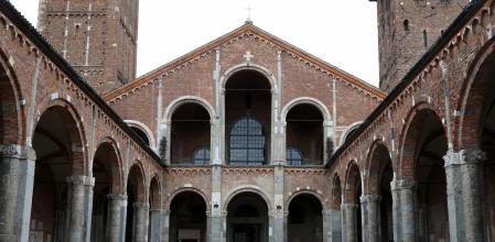 The atrium towards the entrance of the church of SantAmbrogio
