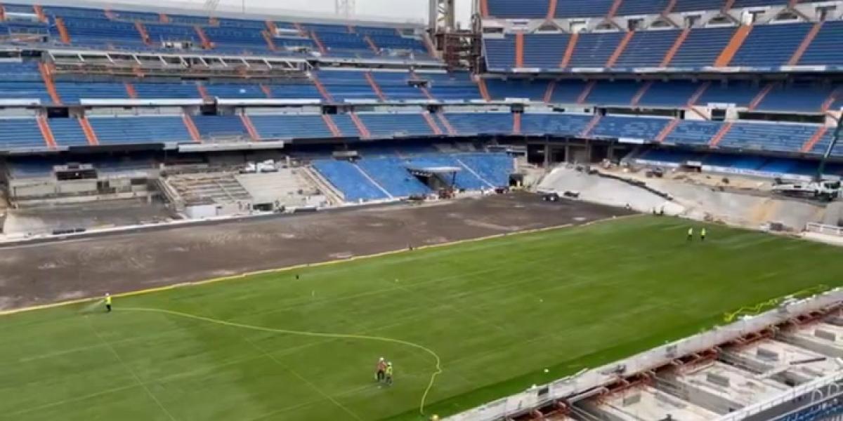 El Madrid instala el césped en el Bernabéu